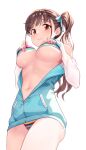  1girl 3: bangs bare_shoulders bikini blue_jacket blush breasts brown_eyes brown_hair closed_mouth colored_stripes detached_sleeves eyebrows_visible_through_hair from_below hands_on_own_chest highres idolmaster idolmaster_shiny_colors jacket kawaii_hito large_breasts long_hair long_sleeves looking_at_viewer looking_down multicolored multicolored_bikini multicolored_clothes nail_polish navel open_clothes open_jacket pink_nails side_ponytail simple_background solo sonoda_chiyoko striped striped_bikini swimsuit thighs underboob white_background 