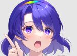  1girl 60mai bangs collar commentary eyebrows_visible_through_hair hair_between_eyes looking_at_viewer multicolored_hairband open_mouth pointing pointing_up purple_eyes purple_hair rainbow_gradient short_hair simple_background solo tenkyuu_chimata touhou white_background white_collar 