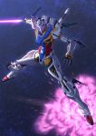 absurdres commentary_request energy_sword explosion glowing glowing_eyes gundam gundam_gquuuuuux highres holding holding_sword holding_weapon ka_ki_o legs_apart looking_at_viewer mecha mecha_focus mobile_suit no_humans outstretched_arms purple_eyes robot science_fiction solo space spread_arms star_(sky) sword v-fin weapon white_gundam 