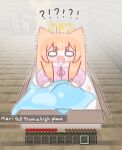  !? 1girl absurdres animal_ears bad_link blue_archive box brown_hair cardboard_box cat_ears collared_dress dress drooling english_text explosive game_screenshot_background gameplay_mechanics heart highres horuhara in_box in_container long_hair mari_(blue_archive) minecraft mouth_drool open_mouth pink_dress screenshot_background solo tnt tnt_block_(minecraft) under_covers wavy_mouth wide_oval_eyes 