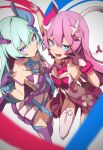  2girls :d alternate_color asymmetrical_gloves bangs bare_shoulders blue_eyes blue_hair breasts closed_mouth fang gloves hair_between_eyes hair_ornament highres honkai_(series) honkai_impact_3rd liliya_olenyeva looking_at_viewer mismatched_gloves multiple_girls nanase_hibiki open_mouth pink_hair purple_gloves purple_legwear rozaliya_olenyeva siblings small_breasts smile tail thick_eyebrows thighhighs twins v white_background white_gloves white_legwear 