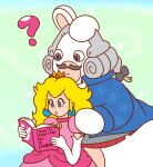 2020 5_fingers accessory anthro armwear bent_arm blonde_hair blue_clothing blue_ear_piercing blue_eyes blue_suit blush blush_lines book bow_ribbon clothed clothed_anthro clothed_male clothing crossover crown curious curled_hair digital_drawing_(artwork) digital_media_(artwork) dress duo elbow_gloves english_description english_text eyelashes facial_hair female fingers flat_colors fully_clothed fully_clothed_female fully_clothed_human fuposey fur ghost gloves green_background grey_bow grey_clothing grey_facial_hair grey_hair grey_mustache grey_topwear grey_vest hair hair_accessory hair_bow hair_ribbon hand_on_shoulder handwear headgear hi_res holding_book holding_object human lagomorph larger_male lips long_ears male male/female mammal mario_bros mario_plus_rabbids_kingdom_battle mitten_hands multicolored_body mustache nintendo noseless phantom_of_the_bwahpera pink_clothing pink_dress pink_lips ponytail princess princess_peach question_mark rabbid raving_rabbids rayman_(series) reading reading_book red_clothing red_shirt red_topwear ribbons royalty shirt simple_background size_difference smaller_female smaller_human spirit suit tan_body tan_inner_ear tan_skin text thin_eyebrows topwear two_tone_body ubisoft vest white_armwear white_body white_clothing white_elbow_gloves white_fur white_gloves white_handwear