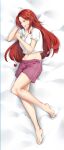  1girl barefoot bed_sheet breasts closed_eyes collarbone commission dakimakura_(medium) drooling from_above full_body hair_ornament highres large_breasts league_of_legends leona_(league_of_legends) long_hair lulu-chan92 lying midriff navel on_side open_mouth red_hair red_shorts shiny shiny_hair shirt short_shorts shorts sleeping solo stomach t-shirt very_long_hair white_shirt 