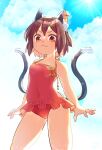  1girl :3 alternate_costume animal_ears bangs blue_sky brown_hair cat_ears cat_tail chen closed_mouth cloud commentary_request earrings fang feet_out_of_frame highres ibaraki_natou jewelry looking_at_viewer multiple_tails nekomata no_hat no_headwear one-piece_swimsuit outdoors red_eyes red_swimsuit short_hair single_earring sky smile solo standing sun swimsuit tail touhou two_tails v-shaped_eyebrows 