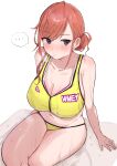  ... 1girl absurdres arisugawa_natsuha arm_support bangs bikini black_eyes blush breasts cleavage commentary_request eyebrows_visible_through_hair highres idolmaster idolmaster_shiny_colors kobinbin large_breasts navel parted_bangs red_hair short_hair simple_background solo spoken_ellipsis sweat swimsuit thighs white_background yellow_bikini 