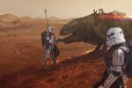  2boys day dewback edouard_groult highres holding holding_staff multiple_boys outdoors sand staff star_wars stormtrooper tatooine 