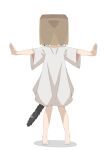  1girl absurdres animal_ears bag bag_over_head barefoot cat_ears facing_viewer full_body highres mao_lian_(nekokao) naked_shirt original outstretched_arms oversized_clothes oversized_shirt paper_bag pigeon-toed shirt simple_background solo spread_arms white_background wide_sleeves 