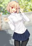  1girl antenna_hair arcueid_brunestud black_pantyhose blonde_hair blue_skirt blurry blurry_background breasts commentary_request cowboy_shot highres iro_(sekaixiro) jewelry large_breasts miniskirt outdoors pantyhose pendant red_eyes short_hair skirt solo sweater tsukihime tsukihime_(remake) white_sweater 