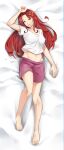  1girl arm_up barefoot bed_sheet breasts brown_eyes cleavage collarbone commission dakimakura_(medium) from_below full_body hair_ornament head_tilt highres large_breasts league_of_legends leona_(league_of_legends) long_hair looking_at_viewer lulu-chan92 lying midriff navel on_back open_mouth red_hair red_shorts shiny shiny_hair shirt short_shorts shorts smile solo stomach t-shirt very_long_hair white_shirt 