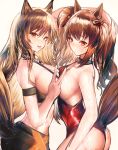  2girls :o :p angelina_(arknights) angelina_(summer_flowers)_(arknights) animal_ear_fluff animal_ears apraxia arknights arm_strap arm_up ass bare_arms bare_shoulders blonde_hair blush breast_press breasts brown_hair casual_one-piece_swimsuit ceobe_(arknights) collarbone fang fox_ears fox_girl fox_tail from_side hair_ribbon hand_in_hair highres infection_monitor_(arknights) large_breasts long_hair looking_at_viewer looking_to_the_side multiple_girls one-piece_swimsuit parted_lips red_eyes red_ribbon red_swimsuit ribbon sideboob simple_background smile swimsuit symmetrical_docking tail tongue tongue_out twintails v white_background 