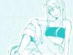  1girl aqua_theme arm_at_side arm_on_knee arm_rest arm_support bad_link bangs bare_arms bare_shoulders breasts cleavage closed_mouth collarbone denim ear_piercing eyebrows_visible_through_hair facing_viewer feet_out_of_frame fingernails fullmetal_alchemist halftone head_tilt jeans knee_up lowres medium_breasts midriff monochrome noako outline pants piercing ponytail sidelocks sideways_glance sitting smile solo straight_hair strapless swept_bangs tubetop white_outline winry_rockbell 