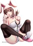  1girl animal_ears artist_name ass bangs bare_shoulders black_legwear black_leotard breasts brown_eyes brown_hair cleavage commentary danganronpa_(series) danganronpa_2:_goodbye_despair excaliblader eyebrows_visible_through_hair galaga grey_background hair_ornament hairclip hand_up hood large_breasts legs_apart leotard looking_at_viewer nanami_chiaki neck_ribbon official_alternate_costume open_mouth pink_footwear pink_ribbon playboy_bunny rabbit_ears ribbon shiny shiny_skin shoes simple_background sitting skindentation solo thighhighs upper_teeth white_leotard 