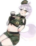  1girl animal_ears bangs bare_arms belt black_gloves blue_eyes blush camouflage camouflage_headwear camouflage_print camouflage_shirt camouflage_shorts center_opening commentary cropped_shirt dog_(mixed_breed)_(kemono_friends) dog_ears dog_girl dog_tail dutch_angle eyebrows_visible_through_hair fingerless_gloves gloves grey_hair hands_up harness hat heterochromia highres japari_symbol kemono_friends medium_hair midriff multicolored_hair navel official_alternate_costume parted_lips paw_pose print_shirt print_shorts shibori_kasu shirt short_sleeves shorts sketch smile solo stomach tail two-tone_hair v-shaped_eyebrows white_hair yellow_eyes 