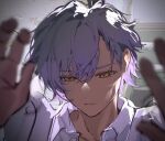  1boy :| backlighting blurry blush chinese_commentary closed_mouth collared_shirt dark-skinned_male dark_skin depth_of_field ensemble_stars! frown hair_between_eyes hands_up highres looking_down male_focus open_collar otogari_adonis portrait purple_hair reaching reaching_towards_viewer ririo shirt short_hair side_part solo white_shirt yellow_eyes 
