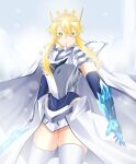  1girl absurdres ahoge armor artoria_pendragon_(fate) artoria_pendragon_(lancer)_(fate) bangs bare_shoulders blonde_hair blue_gloves blue_leotard blush braid cape cosplay crossover crown eyebrows_visible_through_hair fate/grand_order fate_(series) french_braid fur-trimmed_cape fur_trim gloves glowing glowing_eyes green_eyes hair_between_eyes highres holding holding_sword holding_weapon horns huge_filesize kamen_rider kamen_rider_blades kamen_rider_blades_(cosplay) kamen_rider_saber_(series) leotard long_hair looking_at_viewer reiei_8 rider-tan sidelocks single_horn solo swept_bangs sword thighhighs weapon white_legwear 