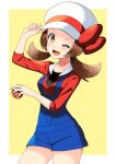  1girl ;d blue_shorts border bow brown_eyes brown_hair collarbone cowboy_shot hat hat_bow hat_ribbon highres holding holding_poke_ball long_hair looking_at_viewer low_twintails lyra_(pokemon) one_eye_closed open_mouth outside_border poke_ball pokemon pokemon_(game) pokemon_hgss red_bow red_ribbon red_shirt ribbon shiny shiny_hair shirt short_shorts shorts smile solo standing suspender_shorts suspenders twintails white_border white_headwear yellow_background yuihico 