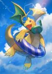  :d blurry brown_eyes chromatic_aberration claws cloud commentary_request day dragonite flying gen_1_pokemon goggles goggles_around_neck highres innertube kikuyoshi_(tracco) looking_to_the_side open_mouth outdoors pokemon signature sky smile snorkel tongue 