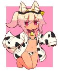  1girl :o animal_ear_fluff animal_ears animal_print bangs barcode bell bikini blonde_hair border collar commentary_request cow_ears cow_horns cow_print eyebrows_visible_through_hair fake_animal_ears flat_chest fox_ears fox_girl fox_tail hair_between_eyes highres hood hoodie horns jitome kemomimi-chan_(naga_u) kneeling long_hair looking_at_viewer naga_u navel open_clothes open_hoodie open_mouth original pink_background red_collar red_eyes sidelocks sleeves_past_wrists solo swimsuit tail tan tied_hair white_border 