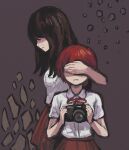  2girls bangs black_hair brown_hair camera closed_mouth collared_shirt commentary_request covering_eyes covering_face danganronpa_(series) danganronpa_2:_goodbye_despair freckles from_side hair_over_eyes holding holding_camera koizumi_mahiru long_hair multicolored_hair multiple_girls namu_(nurui_cha) neck_ribbon pale_skin red_background red_ribbon red_skirt ribbon satou_(danganronpa) shirt short_hair short_sleeves simple_background skirt upper_body white_shirt 