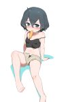  1girl absurdres arm_support bare_legs barefoot black_camisole black_eyes black_hair black_panties blush brown_shorts camisole chis_(js60216) collarbone commentary crop_top cutoffs feet food food_in_mouth highres kaban_(kemono_friends) kemono_friends knee_up off_shoulder panties popsicle shorts sitting solo sweat underwear white_background 