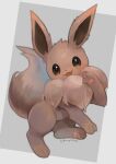  :d commentary eevee fang full_body gen_1_pokemon highres kikuyoshi_(tracco) looking_at_viewer no_humans open_mouth pokemon pokemon_(creature) signature smile solo toes 