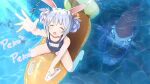  1girl animal_ear_fluff animal_ears blue_hair braid carrot double_bun hair_ornament highres hololive inflatable_toy long_hair monster multicolored_hair ocean rabbit_ears reaper_leviathan school_swimsuit subnautica sukoyasu_r swimsuit teeth twin_braids usada_pekora virtual_youtuber wet white_hair 