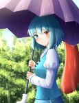  1girl absurdres bangs blue_eyes blue_hair blue_vest closed_mouth eyebrows_visible_through_hair from_side highres holding holding_umbrella juliet_sleeves karakasa_obake kuneamorai long_sleeves looking_at_viewer mixed-language_commentary outdoors puffy_sleeves purple_umbrella rain red_eyes shirt short_hair smile solo tatara_kogasa tongue touhou umbrella upper_body vest white_shirt 