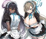  2girls apron arms_under_breasts asuna_(blue_archive) bangs black_dress black_hair blue_archive blue_eyes blue_neckwear blue_ribbon blush breasts brown_hair cleavage dark-skinned_female dark_skin dress eyebrows_visible_through_hair frills gloves grin hair_between_eyes hair_ribbon halo headphones highres huge_breasts inu_(puputizy) karin_(blue_archive) large_breasts long_hair looking_at_viewer maid maid_headdress mole mole_on_breast multiple_girls neck_ribbon neckwear_between_breasts pantyhose ribbon short_sleeves simple_background sketch smile thighhighs white_apron white_background white_gloves yellow_eyes 
