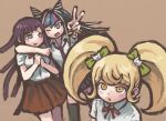  3girls alternate_costume arm_around_shoulder bangs black_hair blush blush_stickers bracelet brown_skirt cat_hair_ornament collared_shirt commentary_request danganronpa_(series) danganronpa_3_(anime) dutch_angle hair_horns hair_ornament jewelry long_hair miniskirt mioda_ibuki multicolored_hair multiple_girls namu_(nurui_cha) neck_ribbon necktie open_mouth piercing pink_eyes pink_hair purple_eyes purple_hair ribbon saionji_hiyoko school_uniform shiny shiny_hair shirt skirt spiked_bracelet spikes tearing_up tsumiki_mikan twintails v white_shirt 