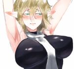  1girl armpits arms_up bangs black_shirt blonde_hair blush breasts commentary_request ear_blush eyebrows_visible_through_hair green_eyes hair_between_eyes large_breasts looking_to_the_side mizuhashi_parsee pointy_ears scarf shirt short_hair simple_background sleeveless sleeveless_shirt solo touhou upper_body white_background white_scarf wiaxixia 
