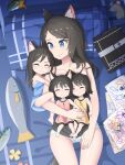  4girls :t absurdres aina_(mao_lian) animal_ear_fluff animal_ears baby black_hair blue_dress blue_eyes blue_panties blush cat_ears cat_tail cheek_press child child_drawing closed_mouth cowboy_shot crayon dress from_above highres long_hair lying mao_lian_(nekokao) mother_and_daughter multiple_girls on_back original panties pink_dress siblings sisters smile stuffed_animal stuffed_fish stuffed_mouse stuffed_toy tail thigh_gap triplets underwear yellow_dress 
