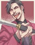  1boy black_hair coco_(h221414) dagger ear_piercing facial_hair fangs formal goatee highres holding holding_weapon jacket knife lips male_focus manly mature_male necktie nishitani_homare piercing purple_neckwear red_eyes red_jacket ryuu_ga_gotoku ryuu_ga_gotoku_0 short_hair tongue tongue_out upper_body weapon yakuza 