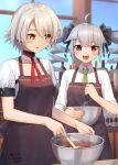  2021 2girls apron cake_batter dated drill_hair girls&#039;_frontline hair_ornament hairclip long_hair mixing_bowl multiple_girls necktie open_mouth pp-90_(girls&#039;_frontline) red_eyes sarasa_(kanbi) short_hair signature silver_hair twintails vector_(girls&#039;_frontline) whisk yellow_eyes 