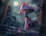  cloud colored_sclera evolutionary_line floating from_below gen_2_pokemon gen_4_pokemon highres kikuyoshi_(tracco) looking_at_viewer looking_back misdreavus mismagius moon night no_humans outdoors pokemon pokemon_(creature) red_eyes signature sky smile stairs yellow_sclera 