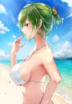  1girl alternate_costume alternate_hairstyle bare_shoulders bikini blurry blurry_background breasts cloud cloudy_sky commentary_request day depth_of_field drop_earrings earrings from_side green_hair halterneck hand_up highres horizon jewelry kazami_yuuka large_breasts looking_ahead nail_polish outdoors parted_lips ponytail profile red_eyes red_nails shironeko_yuuki sideboob sky solo string_bikini swimsuit touhou white_bikini 
