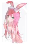  1girl animal_ears bare_shoulders bow breasts cleavage closed_mouth fingernails green_eyes green_hair hair_bow highres long_hair looking_at_viewer medium_breasts mishuo_(misuo69421) multicolored_hair original rabbit_ears solo two-tone_hair white_bow 