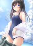  &gt;:) 1girl asashio_(kancolle) bare_arms bare_shoulders black_hair black_swimsuit blue_eyes blush closed_mouth cloud cloudy_sky collarbone comiching competition_school_swimsuit day eyebrows_visible_through_hair grey_skirt hair_between_eyes highres jacket kantai_collection long_hair ocean one-piece_swimsuit pleated_skirt skirt sky smile solo suspender_skirt suspenders swimsuit v-shaped_eyebrows white_jacket 