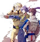  3boys amuro_ray arms_up belt belt_pouch black_belt blonde_hair blue_belt blue_eyes brown_hair char&#039;s_counterattack char_aznable closed_mouth coat epaulettes garma_zabi gloves gundam gundam_gihren_no_yabou hair_ribbon hands_on_headphones hands_on_own_hips headphones high_collar highres kare_(0621utak) long_hair long_sleeves looking_ahead male_focus mecha_pilot_suit military_uniform multiple_boys normal_suit_(gundam) open_mouth outstretched_arm pouch purple_coat purple_hair red_ribbon ribbon short_hair simple_background sleeve_cuffs smile white_background white_gloves 