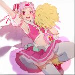  1girl :d armpits back_bow bow cheerleader crop_top cure_yell detached_sleeves double_bun flower hair_flower hair_ornament hair_ribbon hakusai_(tiahszld) heart heart_hair_ornament holding holding_pom_poms hugtto!_precure long_hair looking_at_viewer magical_girl midriff nono_hana open_mouth pink_bow pink_eyes pink_footwear pink_hair pink_ribbon pink_skirt pink_vest pleated_skirt pom_pom_(cheerleading) precure puffy_short_sleeves puffy_sleeves ribbon see-through_sleeves shoes short_bangs short_sleeves skirt smile sneakers solo thighhighs vest white_legwear 