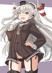  1girl amatsukaze_(kancolle) black_panties brown_dress commentary_request cowboy_shot dress flat_chest fuji_(pixiv24804665) garter_straps gloves grey_neckwear hair_tubes hand_on_hip hat highres kantai_collection lifebuoy lifebuoy_ornament long_hair mini_hat neckerchief panties sailor_collar sailor_dress short_dress side-tie_panties silver_hair single_glove smile smokestack_hair_ornament solo thighhighs two_side_up underwear white_gloves white_sailor_collar windsock 