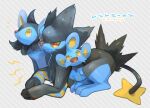  closed_mouth colored_sclera commentary_request evolutionary_line gen_4_pokemon highres kikuyoshi_(tracco) luxio luxray lying no_humans notice_lines on_stomach pokemon pokemon_(creature) red_sclera shinx signature toes yellow_eyes yellow_pupils 