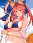  1girl animal_ear_fluff animal_ears arind_yudha artist_name bangs bikini bikini_top blue_bikini blush bracelet breasts closed_mouth eyebrows_visible_through_hair fang fate/grand_order fate_(series) fox_ears fox_girl holding holding_umbrella jewelry large_breasts long_hair navel orange_eyes pink_hair solo swimsuit tamamo_(fate) tamamo_no_mae_(swimsuit_lancer)_(fate) umbrella upper_body 