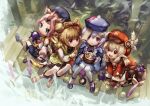  4girls absurdres ahoge animal_ear_fluff animal_ears backpack bag bamboo bead_necklace beads blonde_hair coconut coin_hair_ornament diona_(genshin_impact) dress drinking_straw eating genshin_impact gloves grass green_eyes hat hat_feather highres jewelry jiangshi klee_(genshin_impact) long_sleeves low_twintails multiple_girls necklace open_mouth outdoors pink_hair pointy_ears purple_dress purple_eyes purple_hair qing_guanmao qiqi_(genshin_impact) red_dress red_eyes red_headwear sanktkaisersavia shorts sitting tied_hair twintails white_legwear wide_sleeves yaoyao_(genshin_impact) 