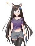  ! 1girl absurdres aina_(mao_lian) animal_ear_fluff animal_ears arms_at_sides black_legwear blue-framed_eyewear blue_eyes blush book brown_hair butterfly_hair_ornament cat_ears cat_tail closed_mouth cowboy_shot detached_collar glasses grey_shorts hair_ornament highres holding holding_book long_hair looking_at_viewer mao_lian_(nekokao) midriff_peek original purple_shirt rectangular_eyewear shirt short_shorts short_sleeves shorts simple_background solo standing tail thighhighs translation_request very_long_hair white_background 