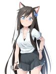  1girl absurdres aina_(mao_lian) animal_ear_fluff animal_ears black_bra blue_eyes bra bra_peek breasts brown_hair butterfly_hair_ornament can canned_coffee cat_ears cat_tail cleavage closed_mouth grey_skirt hair_ornament head_tilt highres holding large_breasts long_hair looking_at_viewer mao_lian_(nekokao) miniskirt original pleated_skirt shirt short_sleeves simple_background skirt solo standing tail underwear very_long_hair white_background white_shirt wristband 