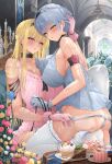  2girls ass babydoll black_headband blonde_hair blue_babydoll blue_eyes blue_hair blush breasts cake cleavage collar flower food fork gloves headband high_heels indoors large_breasts long_hair looking_at_viewer multiple_girls open_mouth original panties panty_pull pink_babydoll rose short_hair sideboob thighhighs tibi-gon underwear white_thighhighs yellow_eyes 