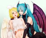  2girls :d angel_and_devil angel_wings bangs black_gloves black_shirt black_skirt blonde_hair blue_eyes blue_hair bow bow_hairband couple crop_top demon_girl demon_wings elbow_gloves feathered_wings gloves green_eyes hair_bow hair_ornament hairband hairclip hatsune_miku horns implied_fingering kagamine_rin layered_skirt long_hair meriko midriff miniskirt multiple_girls navel one_eye_closed open_mouth parted_bangs purple_wings shiny shiny_hair shirt short_hair skirt sleeveless sleeveless_shirt smile stomach turtleneck twintails very_long_hair vocaloid white_background white_bow white_gloves white_hairband white_wings wings yuri 
