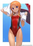  1girl alternate_costume ass_visible_through_thighs blue_background blue_eyes blurry blurry_background blush border breasts cameltoe clothes_writing collarbone competition_swimsuit eyebrows_visible_through_hair gundam gundam_zz highleg highleg_swimsuit highres hip_focus holding holding_towel kawakami_rokkaku long_hair looking_at_viewer one-piece_swimsuit orange_hair outside_border puru_two red_swimsuit revision reward_available sidelocks signature simple_background skin_tight small_breasts solo standing swimsuit thighs towel towel_around_neck upper_body watermark web_address wet white_border wiping 