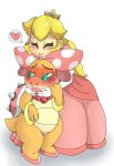 2021 anthro bakothemimic blonde_hair blue_eyes blush clothing collar crown dress female female/female hair headgear hi_res hug human jewelry koopa koopaling lips mammal mario_bros nintendo orange_body pink_bow pink_lips princess_peach scales scalie thick_lips wendy_o._koopa