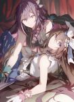 2girls absurdres asahi_tsujino azki_(hololive) back_bow bent_over black_skirt blue_eyes blue_overskirt blue_thighhighs bow bow_skirt bowtie brown_hair colored_inner_hair double-parted_bangs frilled_wrist_cuffs frills gloves hair_between_eyes hair_ornament hair_ribbon hairclip half_up_half_down_braid half_updo highres hololive hololive_idol_uniform_(origin) idol_clothes large_bow layered_skirt long_hair looking_at_viewer lying miniskirt mole mole_under_eye multicolored_hair multiple_girls official_alternate_costume on_back overskirt parted_lips pink_hair ponytail purple_eyes ribbon short_ponytail sidelocks skirt sleeveless streaked_hair thighhighs tokino_sora very_long_hair vest virtual_youtuber waist_bow white_bow white_gloves white_hair white_skirt white_vest wrist_cuffs 